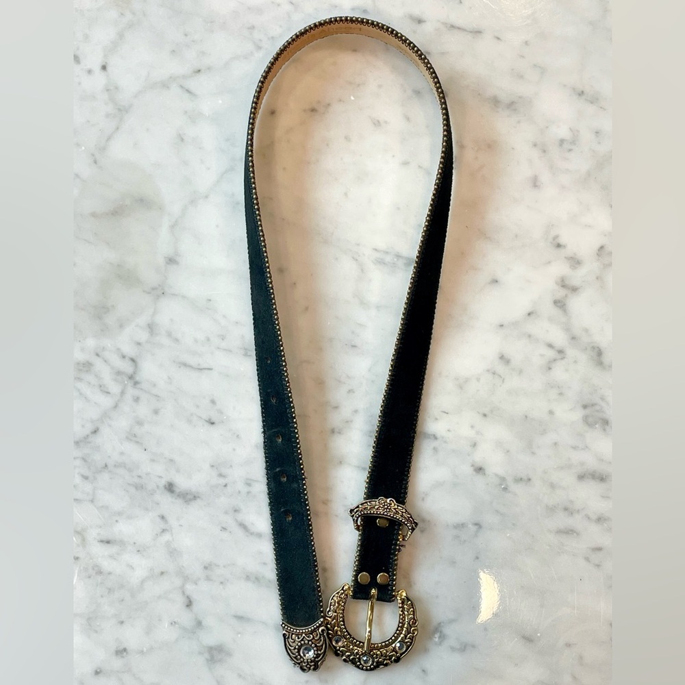 Streets Ahead Suede Belt, Ornate Gold Buckle, beaded trim, black - Picture 6 of 14